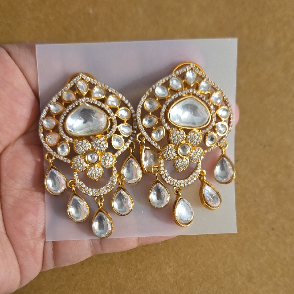 Gold and Clear Kundan Chandbali Earrings - Women Jewelry